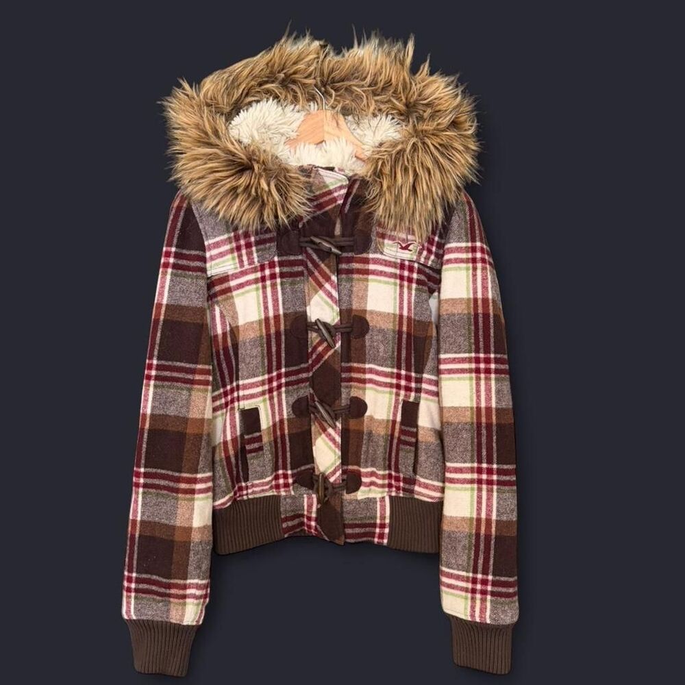 Y2K Hollister plaid flannel duffle coat with fur hood and lining Size L